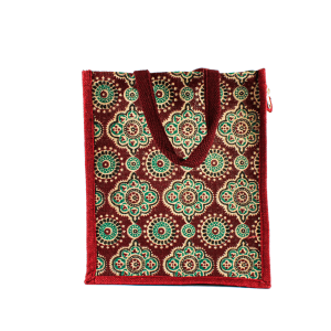 Jute Printed Lunch Bag - Maroon (Big)